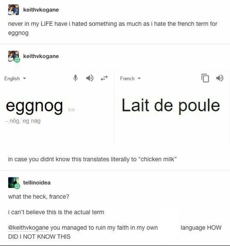 Funny French Words, Chicken Milk, Bad Puns, French Word, Candy Floss, Google Translate, Funny Tumblr, What The Hell, French Language