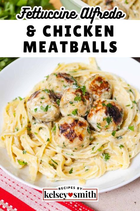 These chicken meatballs with fettuccine Alfredo are made from scratch with ground chicken, breadcrumbs, onion, and freshly grated parmesan. Chicken Alfredo is a delicious and comforting meal. The homemade meatballs are covered in a classic Alfredo sauce made with heavy cream and freshly grated parmesan and served with fettuccine or your favorite pasta. This is an easy dinner recipe with simple ingredients.rn Chicken Meatball Alfredo Pasta, Chicken Alfredo Meatballs, Ground Chicken Alfredo, Chicken Meatballs And Pasta, Parmesan Chicken Alfredo, Chicken Breadcrumbs, Chicken Fettucini, Classic Alfredo Sauce, Ground Chicken Meatballs