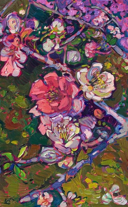 Pink quince flowers blossom on a branch Japanese Inspired Painting, Cherry Blossoms In Japan, Flowering Quince, Cherry Blossom Japan, Erin Hanson, Japanese Watercolor, Contemporary Impressionism, Leaves Art, Painting Inspo