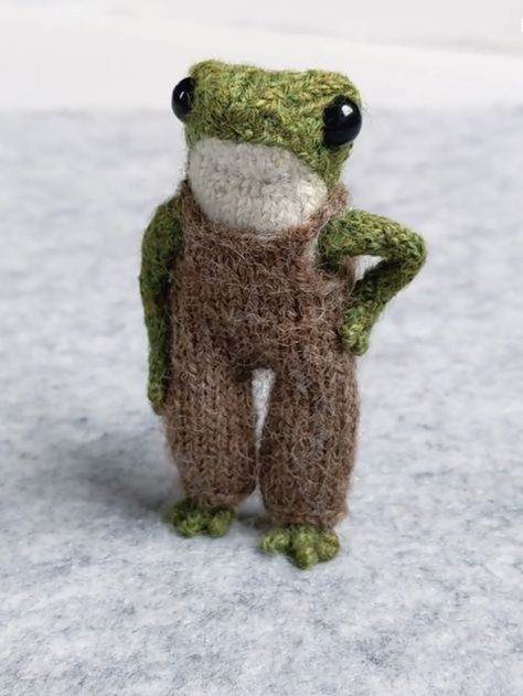 Frog in overalls knitted by India Rose Crawford Frosch Illustration, India Rose, Crochet Frog, Fun Crochet Projects, Frog And Toad, Cute Frogs, الرسومات اللطيفة, 귀여운 동물, Crochet Animals