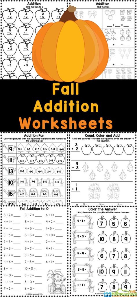 Autumn is a great time to practice adding numbers to 20! Grab these FREE printable Fall Addition Worksheets to making practicing fun with kindergartners.  Simply print addition worksheets for kindergarten and you are ready for no-prep math activity! Free Pumpkin Math Printables, Fall Addition Worksheets Free, Spider Math Activities, Fall Math Kindergarten, Free Addition Worksheets, Fall Addition, Numbers To 20, Adding Activities, Fall Worksheets