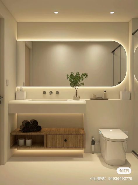 Beige Washroom, Mini Wc, Zen Bathroom Ideas, تصميم دورة مياه, Minimalist Toilets, Bathroom Design Styles, Minimalist Bathroom Design, Church Interior Design, Illuminated Mirror