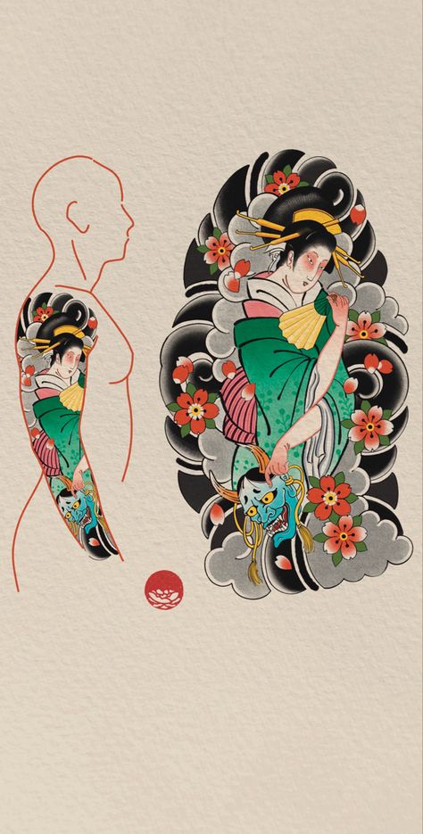 Japanese Geisha Tattoo Sleeve, Japanese Temple Tattoo Design Ideas, Bingata Tattoo, Japanese Geisha Tattoo Traditional, Japanese Geisha Tattoo Design, Japanese Tattoo Art Geisha, Japanese Body Suit Tattoo, Traditional Geisha Tattoo, Geisha Tattoo Sleeve