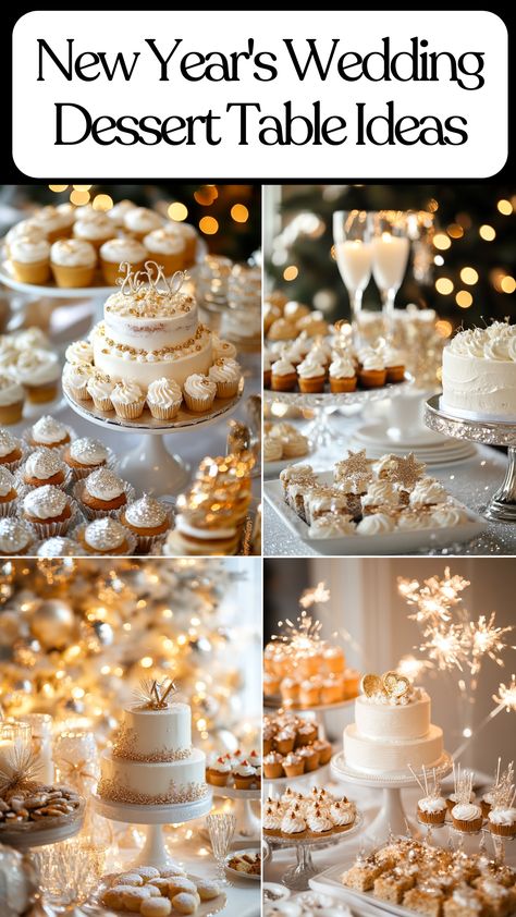 Elegant New Year's Eve wedding dessert table with festive treats, cakes, and sparkling decorations. Winter Dessert Table Ideas, Cookie Wedding Table, New Years Wedding Cake, New Year's Eve Desserts, Gold Cupcakes Ideas, All White Dessert Table, New Years Wedding Ideas, Easy Dessert Table Ideas, New Year’s Eve Desserts