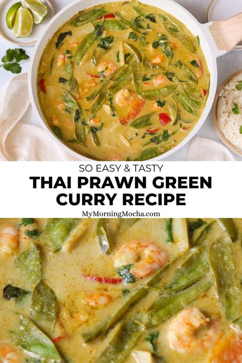 Here's+how+I+make+a+prawn+Thai+green+curry+that's+full+of+flavour+and+taste.+This+meal+takes+just+20+minutes+to+make+and+it's+so+easy.+via+@MyMorningMocha Green Curry Shrimp Coconut Milk, Thai Green Curry Shrimp, Chinese Beef Curry, Shrimp Green Curry, Thai Green Curry Recipe, Green Curry Recipes, Salmon Curry, Thai Green Curry Paste, Homemade Flatbread