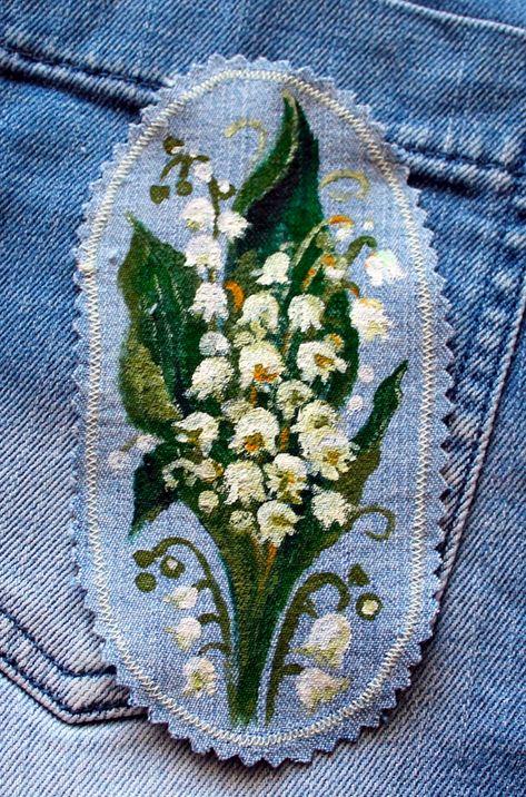 Paint For Fabric, May Birth Month Flower, Flower Lily Of The Valley, Shark Clothes, Custom Jeans Diy, Painting Backpack, Hand Painted Denim, Painted Clothes Diy, Flower Jeans