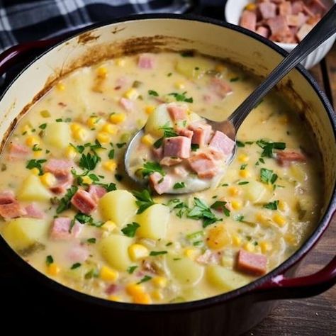 Ham Potato And Corn Chowder, Ham And Potato Corn Chowder, Potato And Corn Chowder, Ham Chowder, Leftover Baked Potatoes, Potato Corn Chowder, Smoked Turkey Recipes, Ham Potato, Steak And Shrimp