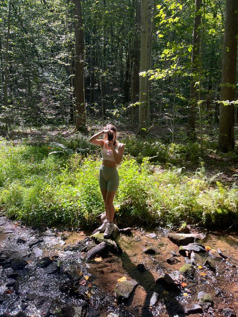 Hiking Outfit Merrell Boots Green Shorts White Sports Bra Nature Photography Green Hiking Boots Outfit, Fairy Hiking Outfit, Green Hiking Boots, Nature Fits, Merrell Boots, Hiking Boots Outfit, Haida Gwaii, Hiking Aesthetic, White Sports Bra