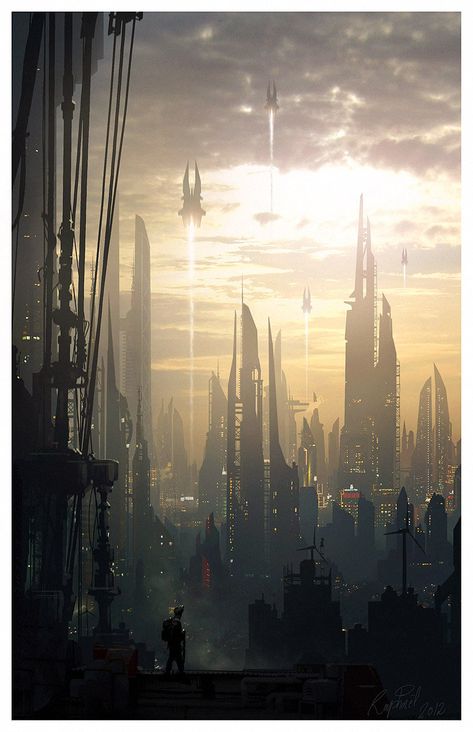 Giant Spaceship Concept Art, Raphael Lacoste, Flying Spaceship, Futuristic Cityscape, Novel Game, Sci Fi Landscape, Landscape City, Futurisme Retro, Sci Fi City