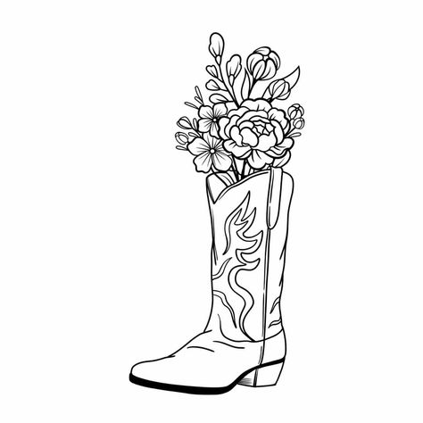 Country Music Tattoos, Cowboy Boots Drawing, Flower Colouring Pages, Cowboy Boot Tattoo, Half Sleeve Tattoos Forearm, Western Tattoos, Music Drawings, Cute Little Tattoos, Cowgirl Aesthetic