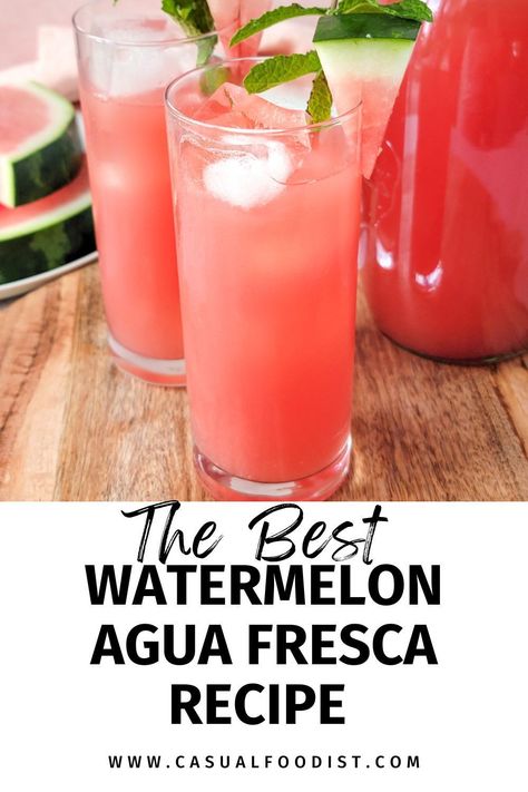 The best watermelon agua fresca recipe, this is an easy and delicious Mexican drink recipe.This authentic Mexican agua de sandia recipe is a delicious and refreshing non-alcoholic drink recipe perfect for summer. Watermelon agua fresca is easy to make and a great summer drink for any summer party including cookouts, July Fourth, pool parties and cinco de mayo. The best Pineapple Agua Fresca recipe. www.casualfoodist.com Watermelon Mocktail, Fresca Drinks, Tajin Seasoning, Watermelon Agua Fresca, Summer Coffee Drinks, Watermelon Recipe, Agua Fresca Recipe, Watermelon Drink, Watermelon Mint