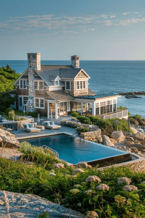 Opulent Oceanfront Villa Pool Overlooking Ocean, Beach House New England, Dream Beach Houses The Ocean, 1111 Portal, Brindleton Bay, New England Summer, New England Beach House, Castle Rooms, Nantucket Home