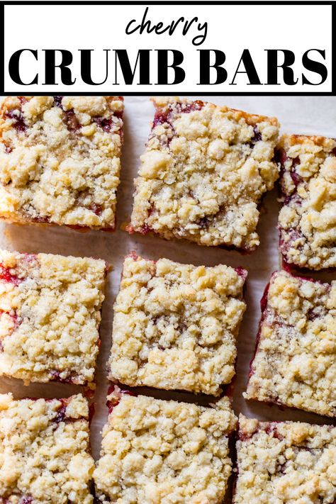 These Cherry Crumb Bars may just be the best way to use fresh cherries! Made with a buttery crust and crumb topping, then filled with a sweet cherry middle, these bars are easy to make and so delicious! Sour Cherry Crumble Bars, Mary Makes It Easy Coconut Cherry Crumble Bars, Cherry Crumb Bars, Cherry Lemon Bars, Gluten Free Cherry Bars, Cherry Pie Crumble Bars, Cherry Streusel Bars, Easy Cherry Bars, Cherry Walnut Bars