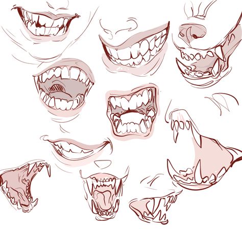 Orc Mouth Drawing, Digigrade Legs Drawing Reference, How To Draw Sharp Teeth, Smile Art Reference, Scary Mouth Drawing, Leg Poses Drawing, Teeth Reference Drawing, Grin Reference, Smiles Drawings