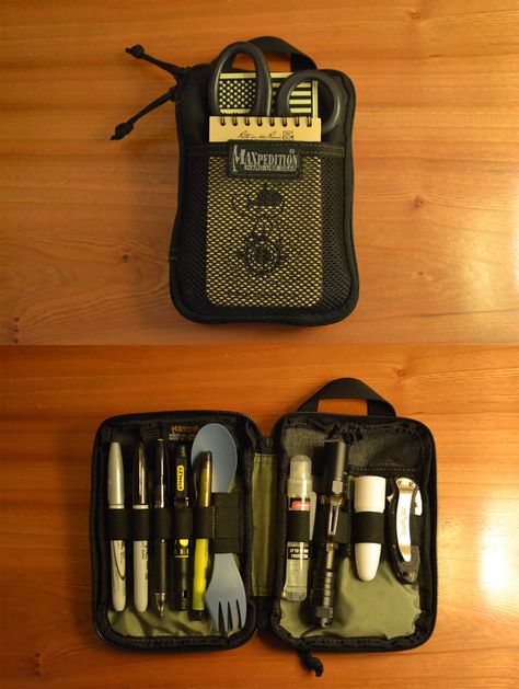 EDC Organizer By: Wally Maxpedition E.D.C. Pocket Organizer - Purchase On Amazon » Write in the Rain Notebook - Purchase On Amazon » Hazard 4 Glow In The Dark US Flag - Purchase On Amazon » Prestige... Maxpedition Edc, Mochila Edc, Car Survival, Bushcraft Backpack, Survival Ideas, Edc Bag, Edc Tactical, Tac Gear, Every Day Carry