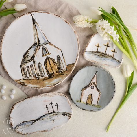 Christian Pottery Painting Ideas, Christian Clay Projects, Etta B Pottery, Christian Ceramic Ideas, Christian Pottery, Christian Ceramics, Pottery Magnets, Ceramic Nativity Set To Paint, Hygge Box