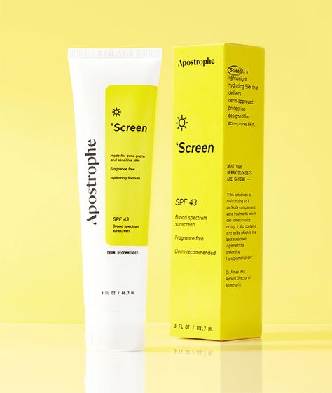 'Screen: Sensitive Face Hybrid Sunscreen - SPF 43 | Apostrophe Sunscreen Packaging Design, Sunscreen Packaging, Packaging Design Trends, Customized Packaging, Makeup Package, Skin Care Packaging, Chemical Sunscreen, Skincare Packaging, Branding Design Packaging