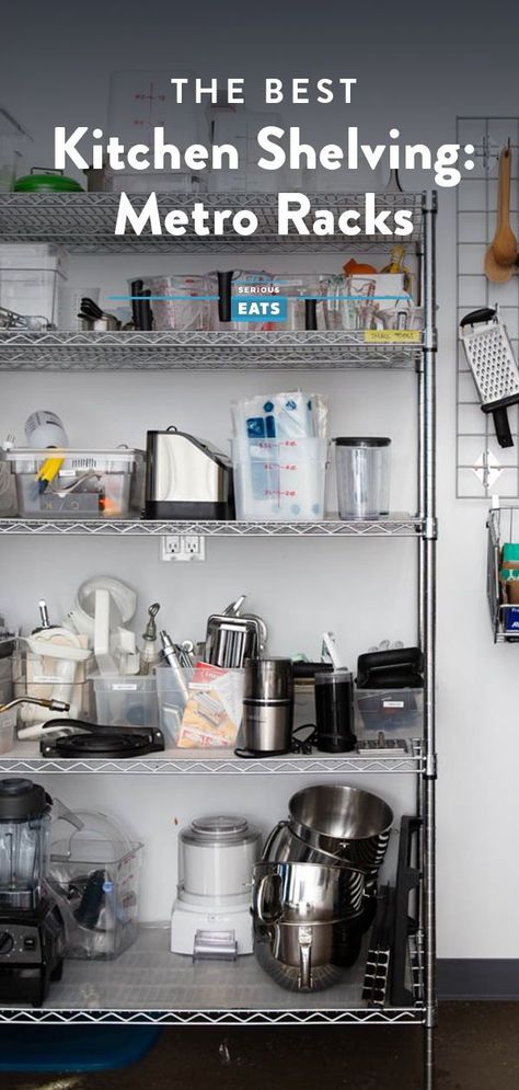 These metal wire shelving units are affordable, flexible, strong, and perfect for adding extra storage for kitchen equipment, ingredients, and plateware. #Storage #KitchenEquipment #SeriousEats Wire Racks In Kitchen Storage Ideas, Metal Rack Kitchen, Open Metal Shelving In The Kitchen, Pantry Metal Shelving Ideas, Kitchen Metal Shelves, Storage Racks Metal Shelving Units, Kitchen Metal Rack Storage Ideas, Metal Racks Storage Ideas, Metal Shelves Makeover