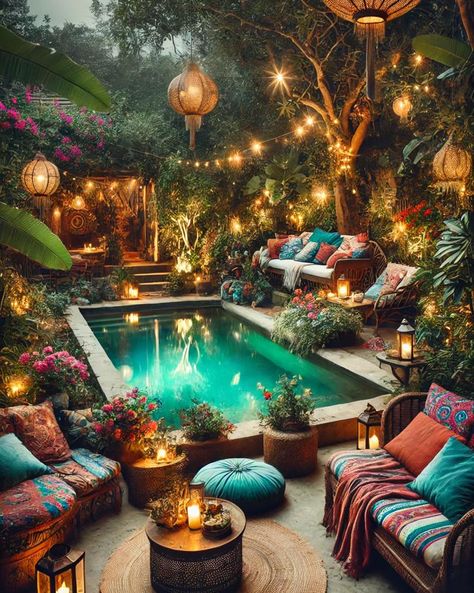 The ultimate bohemian backyard with pool for a summer cooldown #boho #summer #summervibes #summertime Boho Pool Party, Boho Pool, Backyard With Pool, Cowboy Pool, Boho Backyard, Bohemian Backyard, Garden Yard Ideas, New Home Designs, In Ground Pools