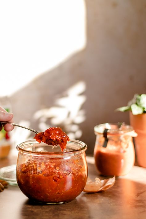 Cherry Tomato Harissa Jam | The Maker Makes Sauce Bolognaise, Caramelized Shallots, Harissa Paste, Fresh Cherry, Tomato Jam, Homemade Condiments, Green Sauce, Dips And Spreads, Fresh Cherries