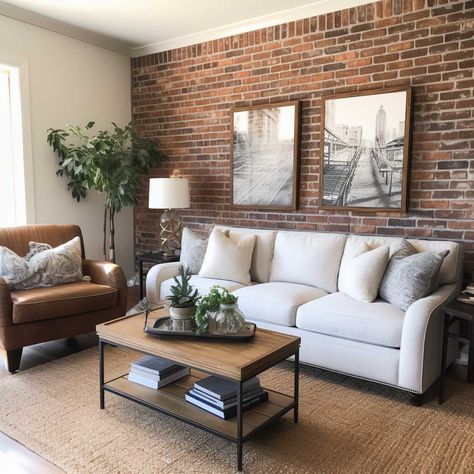 Indoor Brick Wall Ideas Living Room, Brick Wall Living Room Decor, Brick Accent Wall Living Room, Exposed Brick Walls Living Room, Living Room With Exposed Brick, Exposed Brick Living Room, Brick House Interior, Living Room With Brick Wall, Living Rooms Sofas