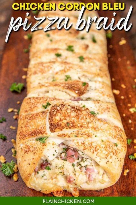 Chicken Cordon Bleu Pizza Braid – we are obsessed with this quick meal! Pizza dough stuffed with chicken, ham, alfredo sauce, swiss cheese, and dijon mustard and topped with grated parmesan cheese. SO easy to make! A great way to use up leftover chicken and holiday ham. We make this at least once a month. We love this for lunch, dinner, and as a party appetizer. Kids and adults gobble this up! Pizza Braid, Jarred Alfredo Sauce, Cream Cheese Sausage Balls, Blueberry Biscuits, Chicken Ham, Homemade Alfredo, Plain Chicken, Honey Mustard Chicken, Chicken Cordon