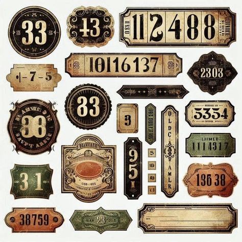 Free Printables + AI Art Sharing | Grungy vintage numbered tickets and bookplates | Facebook Number Stickers Free Printable, 2025 Journal, Travel Elements, Journal Tags, Vintage Numbers, Journal Diy, Art 2024, Journal Travel, Brown Design