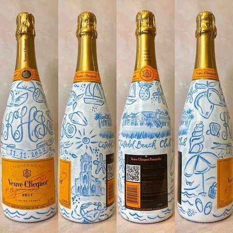 Hand Painted Veuve Bottle, Engagement Bottle Painting, Vueve Champagne Painted Bottle, College Painted Champagne Bottle, Blue And White Painted Champagne Bottle, Blue Champagne Bottle, Blue And White Champagne Bottle, Beach Painted Champagne Bottle, Champagne Bottle Painting Engagement