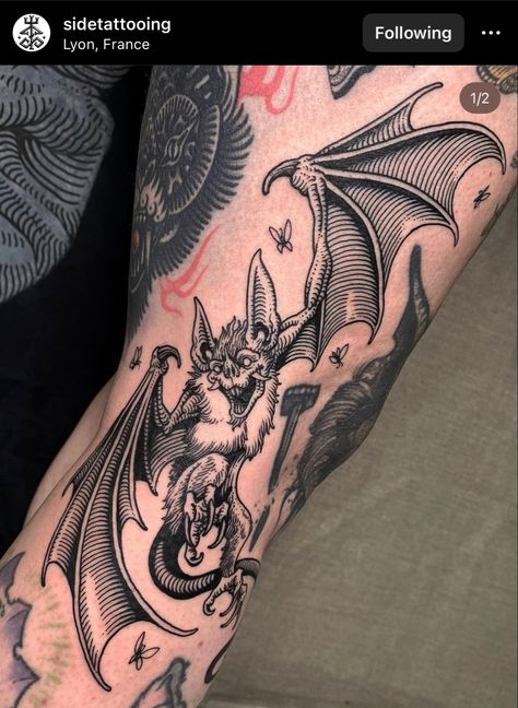 Skull Elbow Tattoo Men, Fun Leg Tattoos, Gothic Men Tattoo, Bat Tattoo On Knee, Creepy Bat Tattoo, Small Scary Tattoos For Men, Men’s Waist Tattoo, Dark Tattoos Women, Solve Coagula Tattoo