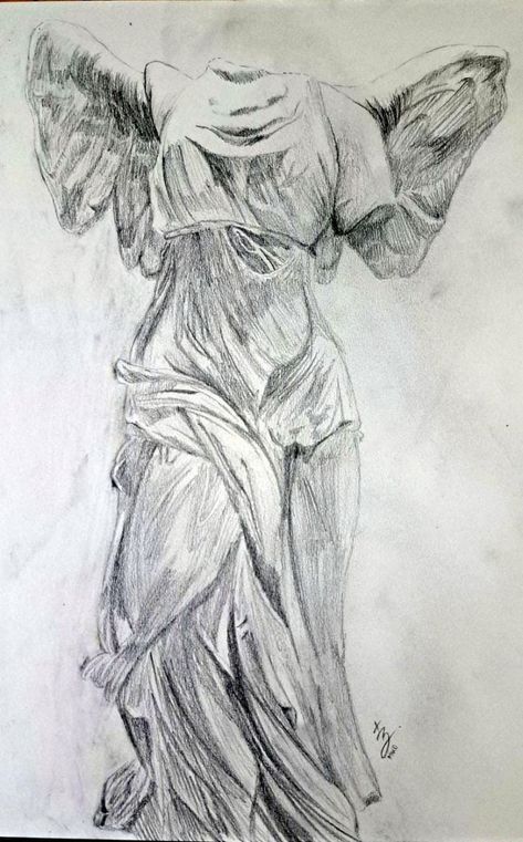 Greek Angel Drawing, Winged Victory Of Samothrace Drawing, Greek God Sketch, Angel Sketches Pencil, Greek Statue Sketch, Angel Drawing Sketches, Mythology Drawings, Statue Sketch, Famous Drawings