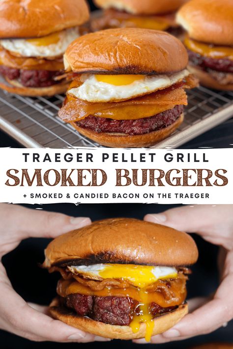 Best Smoked Burger Recipe, Smoked Traeger Recipes, Treager Grill Burgers, Easy Smoked Meat, Pellet Grill Burger Recipes, Burgers On The Traeger Grill, Smoker Burger Recipes, Burgers On Traeger Grill, Hamburgers On Traeger Grill