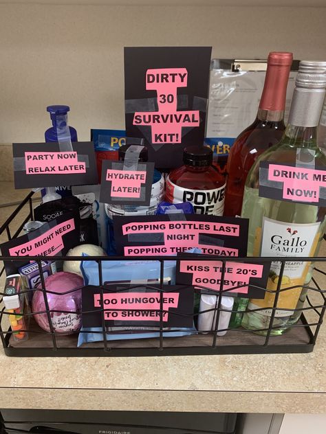 This is my first pin. Simple gift for my best friends dirty 30! Funny 30th Birthday Gift Basket, Turning 30 Gift Basket, 30th Gift Ideas For Best Friend, 30 Survival Kit 30th Birthday, Bff 30th Birthday Gift Ideas, Birthday Gift 30 Woman, 30 Days Until 30th Birthday Gifts, 30 Gifts For 30th Birthday For Her, 30th Birthday Basket Ideas For Women