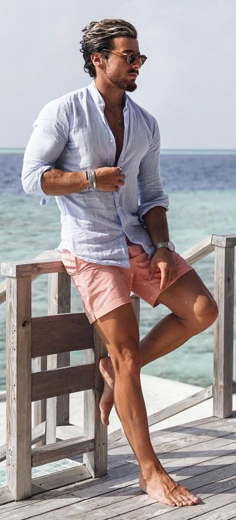 Linen Shirt- Cotton Shirt- Summer- outfits Mens Beach Outfits, Mens Vacation Outfits, Outfits Quotes, Vacation Outfits Men, Beach Outfit Men, Men's Summer Outfit, Herren Style, Mens Summer Outfits, Mens Casual Outfits Summer