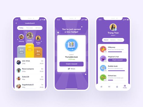 Gamification education app by Trang Tran on Dribbble Gamification Education, Profile App, Ui Ux 디자인, App Design Layout, Mobile App Design Inspiration, Learning Projects, Learning Apps, Build An App, Game Ui Design