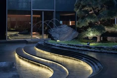 Waterfall Lighting, Waterscape Design, Water Feature Lighting, Hotel Landscape, Spiritual Style, Indoor Pool Design, Architectural Lighting Design, L A, Urban Lighting