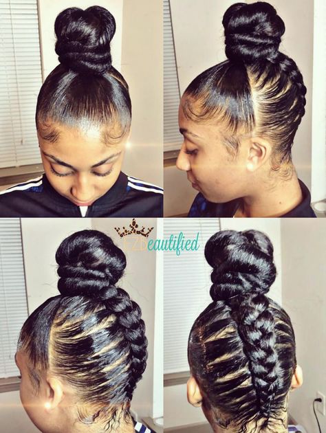 Creative braided bun via @ezbeautified  Read the article here - http://blackhairinformation.com/hairstyle-gallery/creative-braided-bun-via-ezbeautified/ African American Braided Updo, Slik Ponytail Styles, Black Women Updo Hairstyles, Hype Hair, Mohawk Styles, Wedge Hairstyles, Twisted Hair, Cornrow, Cornrow Hairstyles