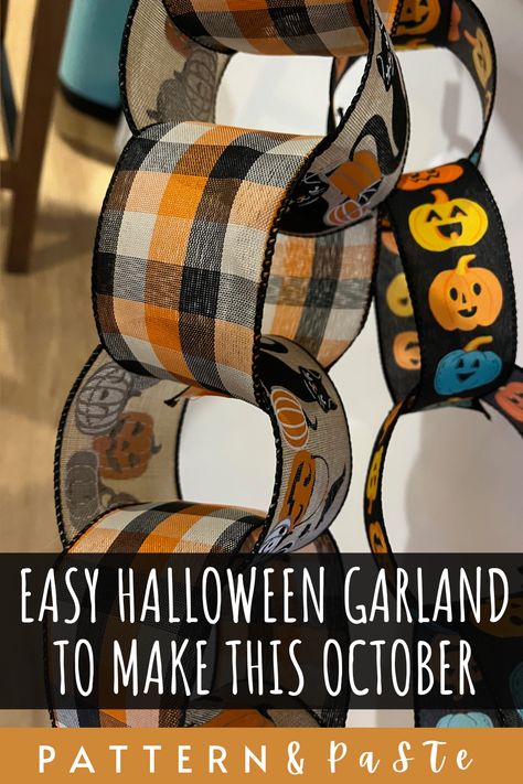 Want to make a ribbon garland to celebrate this spooky season? Check out this post from Pattern and Paste for a detailed description on how to make a Halloween garland using ribbon. #halloweengarland Fall Ribbon Crafts Diy, Fall Crafts With Ribbon, Fall Ribbon Decor Ideas, Fall Ribbon Ideas, Ribbon Chain Garland, Easy Diy Fall Garland, Thanksgiving Ribbon Ideas, Halloween Ribbon Garland, Halloween Ribbon Ideas