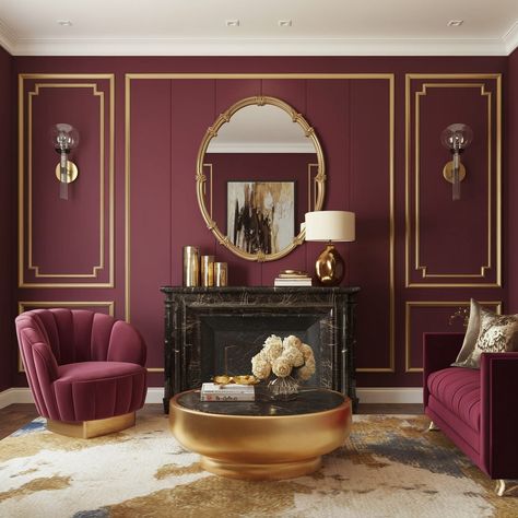 Burgundy And Gold Living Room Ideas, Burgundy Ceiling, Wine Red Living Room, Burgundy Walls Living Room, Burgundy Interior Design, 2024 Colors, Burgundy Living Room, Burgundy Walls, Interior 2024