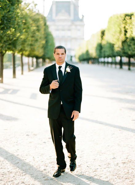 Formal groom outfit idea - black suit with black necktie for wedding {Arte De Vie} Black Tux Spring Wedding, Groomsman All Black Suits, Black Tux Groom Tan Suit Groomsmen, Groom In Tan Groomsmen In Black, Tan Groom Black Groomsmen, Paris Theme Wedding, Romantic Paris, Groom Accessories, Paris Theme