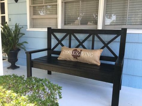 DIY Large Porch Bench…add lots of larger pillows and maybe bench cushion, blankets Farmhouse Bench Plans, Diy Patio Bench, Wooden Bench Plans, Outdoor Bench Plans, Front Porch Bench, Large Porch, Wooden Storage Bench, Porch Bench, Diy Porch