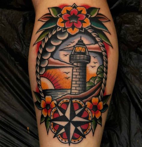 Lighthouse Traditional Tattoo, Traditional Tattoo Meanings, Lighthouse Tattoo Meaning, Traditional Lighthouse Tattoo, Finger Tats, Lighthouse Tattoo, Tattoo Old School, Nautical Tattoo, Silhouette Tattoos