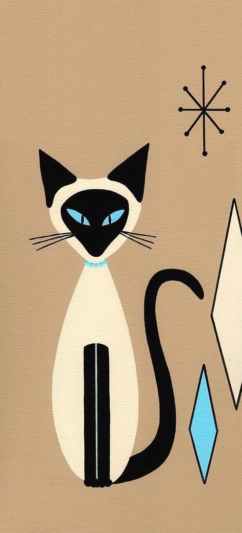 Phone Wallpaper Cat, Cat New Year, Art Deco Cat, Cat Quilt Patterns, Cat Phone Wallpaper, Mid Century Modern Artwork, Atomic Cat, Mid Century Cat, Wallpaper Cat