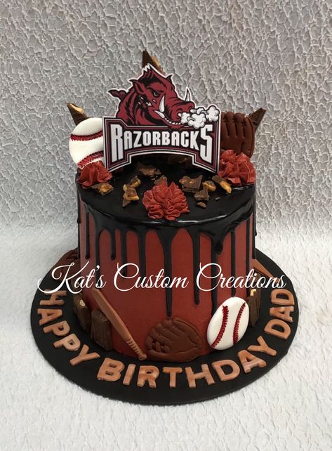 Arkansas Razorback Baseball Drip Cake Razorback Grooms Cake, Razorback Cake, Drake's Birthday, Arkansas Razorbacks, Elegant Cakes, Cake Table, Graduation Cakes, Drip Cakes, Grooms Cake