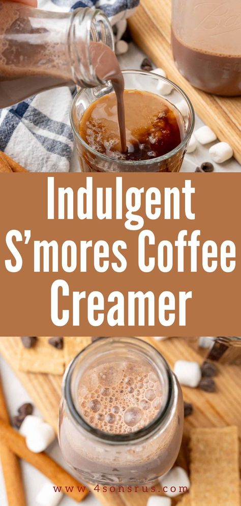 S’mores coffee creamer gives you gourmet coffee shop style taste right at home! No need to spend extra on fancy coffee drinks or store bought creamers when you can make a batch of this chocolate marshmallow goodness and treat yourself anytime. Save this recipe for later! Smores Coffee Creamer, Homemade Flavored Coffee Creamers, Gluten Free Coffee Creamer, Marshmallow Coffee Creamer, S’more Coffee, Chocolate Caramel Creamer, Smores Coffee Recipe, Homemade Cookies And Cream Coffee Creamer, Canning Coffee Creamer