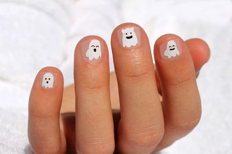 Ghost Mini Nail Wraps Little Ghost Nails, Ghost Nail Art Easy, Ghost And Stars Nails, Black Nails With Ghost On Ring Finger, Cute Nails For Fall Ghost, Nail Armor, Nail Art For Kids, Boho Nails, Mens Nails