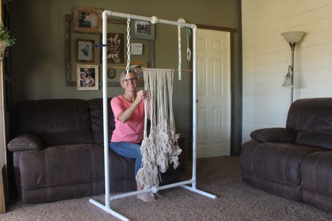 Build an Adjustable Macrame Workstation | DIY on the House Macrame Rack Diy, Macrame Workshop Setup, Diy Macrame Stand, Macrame Working Stand, How To Set Up Macrame Work Space, Macrame Board Diy, Macrame Stands, Macrame Frame Diy, Diy Macrame Work Stand