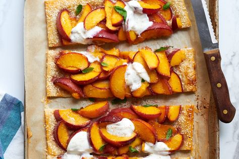 This is, without question, the ultimate summer dessert. Summer Tart, Peach Puff Pastry, Peach Tart, Summer Eats, Peach Syrup, Honey Yogurt, Creamy Corn, Peach Juice, Frozen Puff Pastry