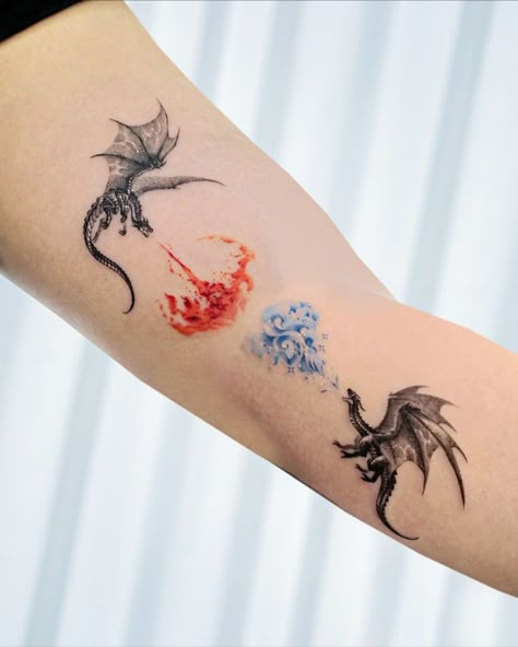 Mother Daughter Dragon Tattoos, Dragon And Sun Tattoo, Lightning Dragon Tattoo, Water Fire Tattoo, Dragon Band Tattoo, Dragon Breathing Fire Tattoo, Twin Dragon Tattoo, Fire Breathing Dragon Tattoo, Abstract Dragon Tattoo