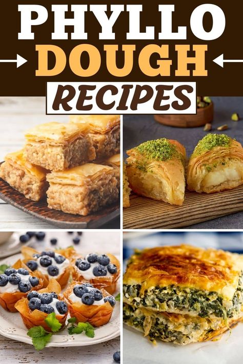 These phyllo dough recipes are so tasty, your guests won't be able to resist them. From appetizers to casserole to cake, phyllo dough is light, versatile, and so delicious. Pesto Phyllo Dough, Fillo Dough Breakfast Recipes, Filo Dough Recipes Dinners, Philip Dough Recipe, Fillo Pastry Recipes Savoury, Philo Dough Deserts, Easy Phyllo Dough Recipes, Fillo Dough Recipes, Philo Recipes