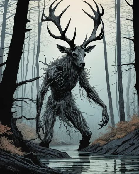 Folklore; Wendigo of the Great Lakes Wendigo Tattoo, Wendigo Costume, Wendigo Art, Monsters Scary, Spooky Woods, Deer Art, The Great Lakes, Art Generator, Great Lakes